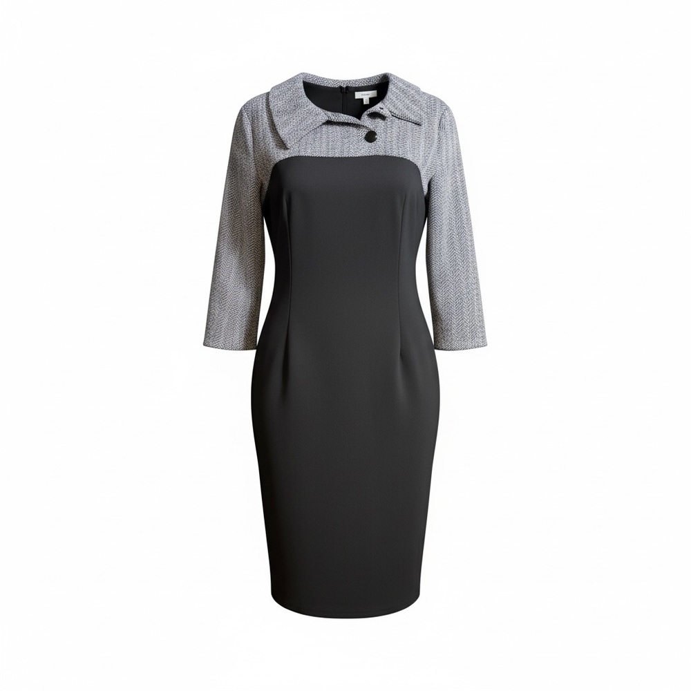 Classic Office Sheath Dress Gray Tweed & Black Midi Dress XL